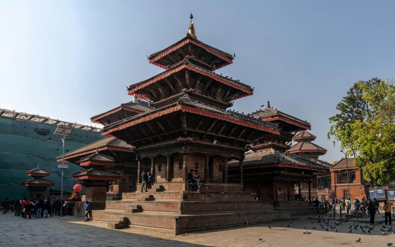 Explore the intricate architecture of a historic temple in Kathmandu's Durbar Square.
