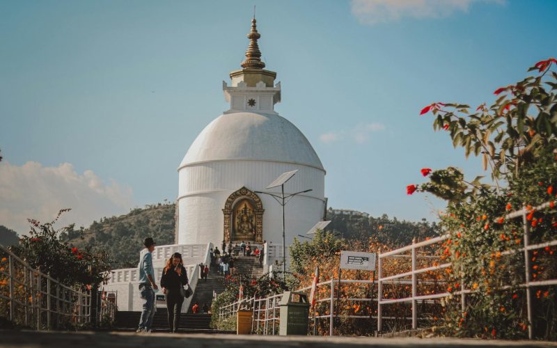 Tourists walking near the World Peace Pagoda surrounded by flowers in Nepal.