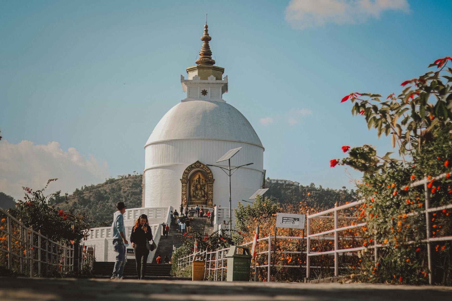 Tourists walking near the World Peace Pagoda surrounded by flowers in Nepal.
